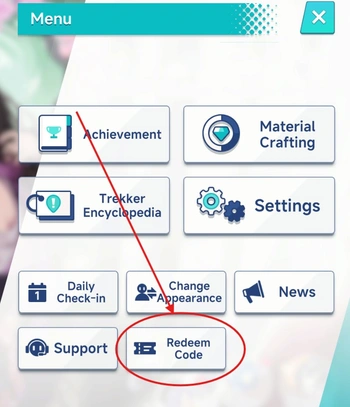 Stella Sora menu popup with "Redeem Code" option highlighted