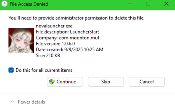 Step 3: Windows file deletion permission dialog asking to continue with Silver and Blood file removal