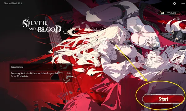 Step 7: Silver and Blood launcher start screen with Start button to launch game