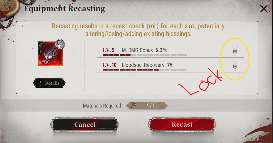 Silver and Blood gear lock blessing feature to preserve desired stats