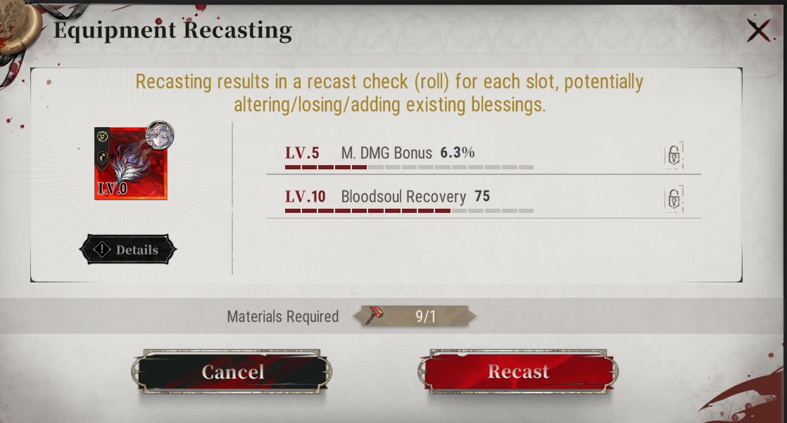 Silver and Blood gear recasting interface for rerolling Echo blessings