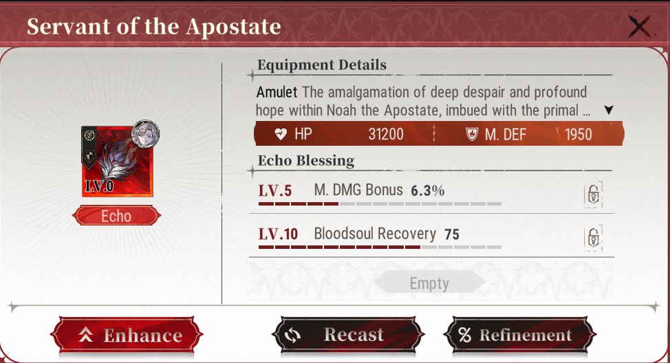 Silver and Blood gear interface showing Enhance and Recast options after hammer